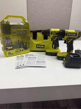 RYOBI 18V Cordless Drill and Impact Driver Bundle with Drill bits and Carry Case